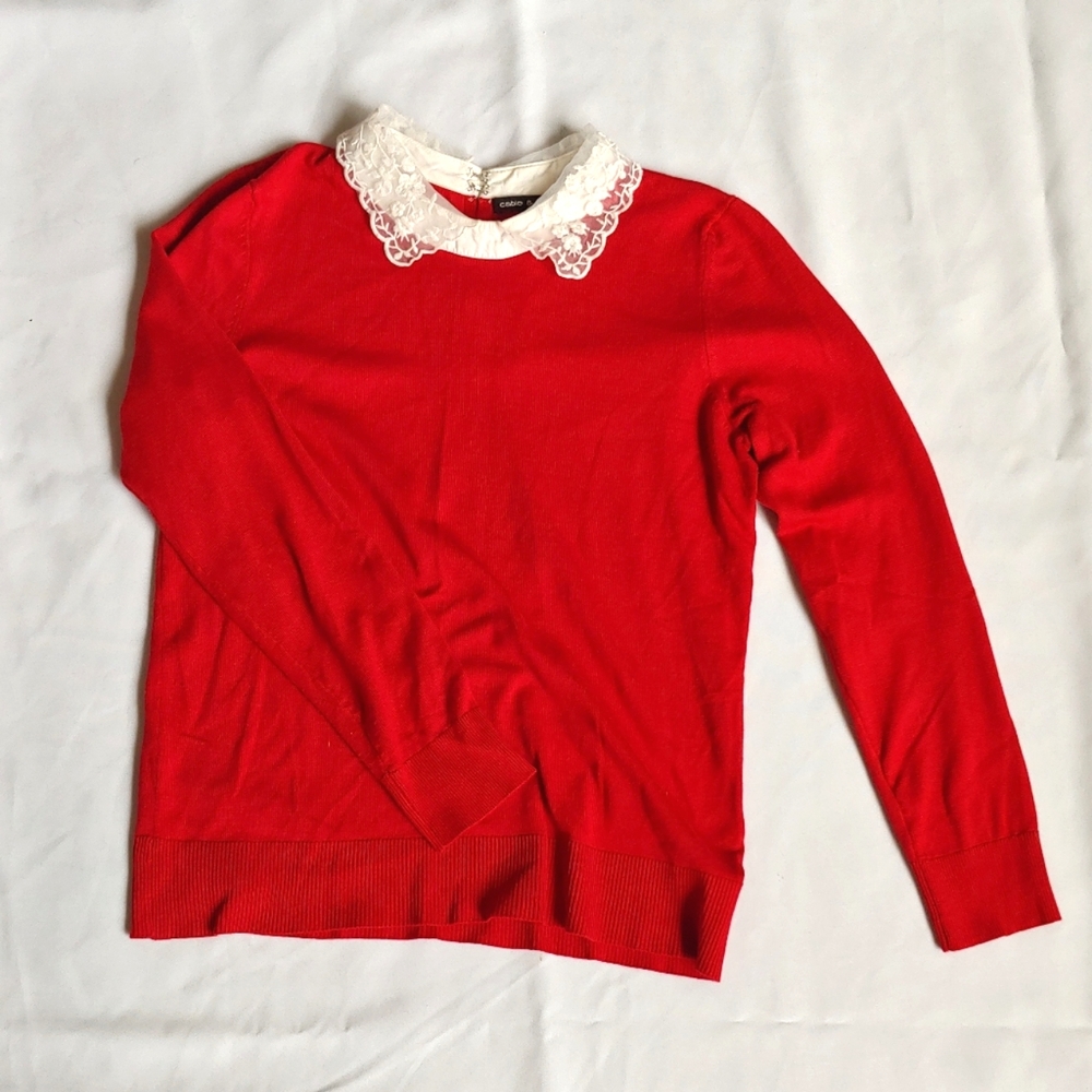 Cable & Gauge red pullover sweater with white lace collar